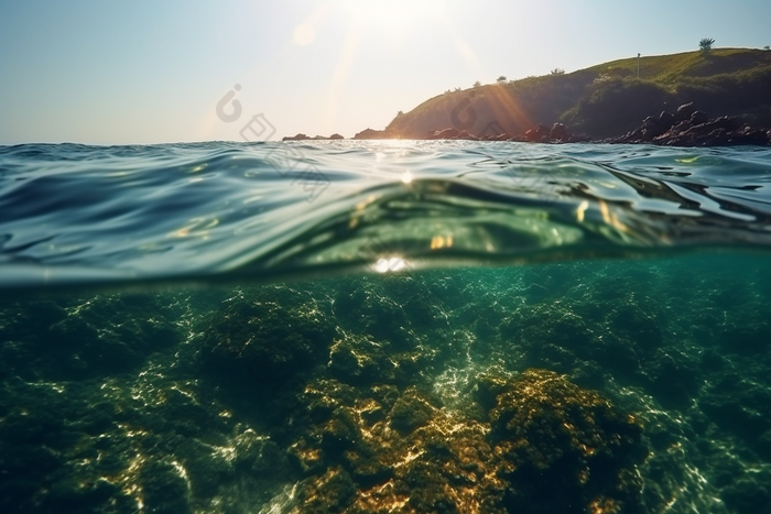 夏日波光粼粼的海面反射天空