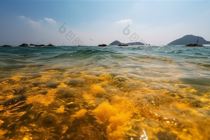 夏日波光粼粼的海面照射大