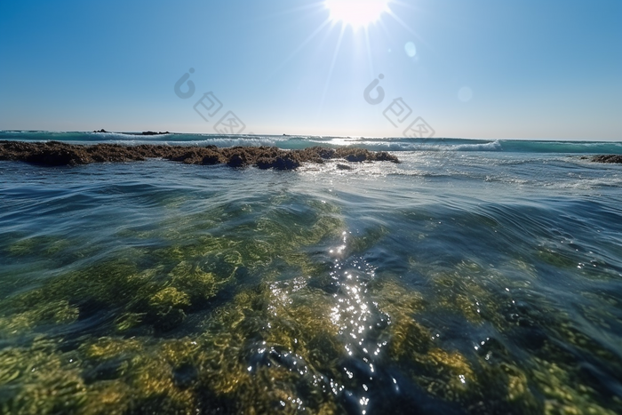 夏日波光粼粼的海面炎热天空