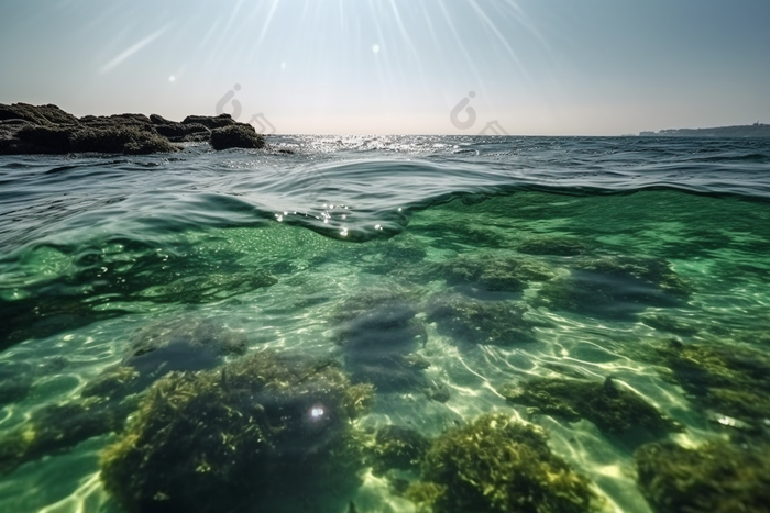 夏日波光粼粼的海面照射天空