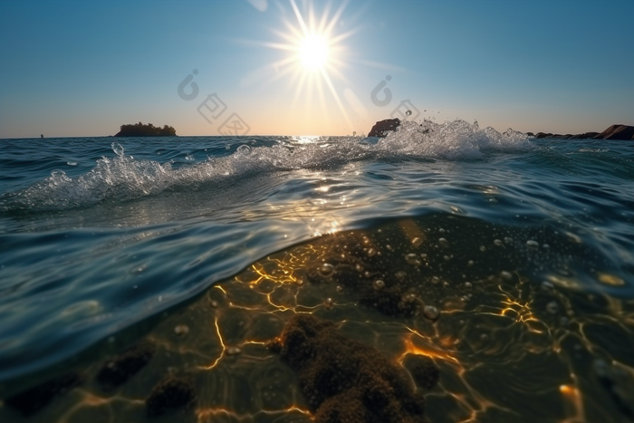 夏日波光粼粼的海面大天空