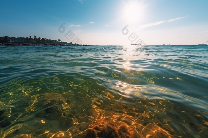 夏日波光粼粼的海面太阳天空