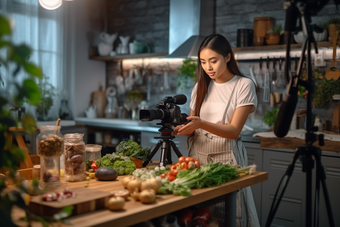 主播进行美食直播<strong>卖货</strong>厨房