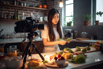 主播进行<strong>美食</strong>直播带货网红