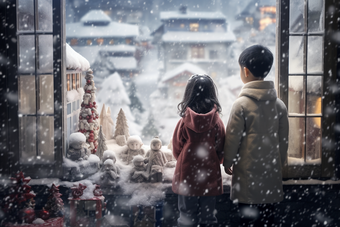 冬天孩子站在圣诞橱窗前儿童节日