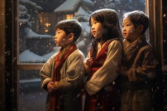 冬天孩子站在圣诞橱窗前小孩氛围