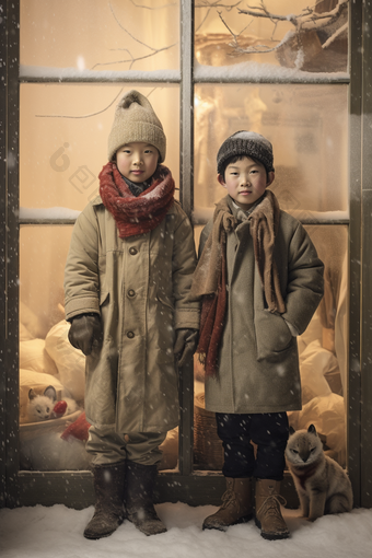 冬天孩子站在圣诞橱窗前儿童氛围