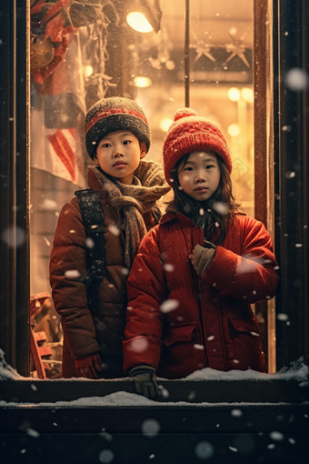 冬天孩子站在圣诞橱窗前儿童寒冷