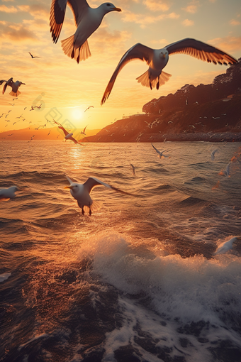 傍晚海边捕食的海鸥动物世界黄色