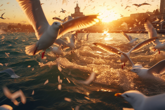 傍晚海边捕食的海鸥鸟类美丽
