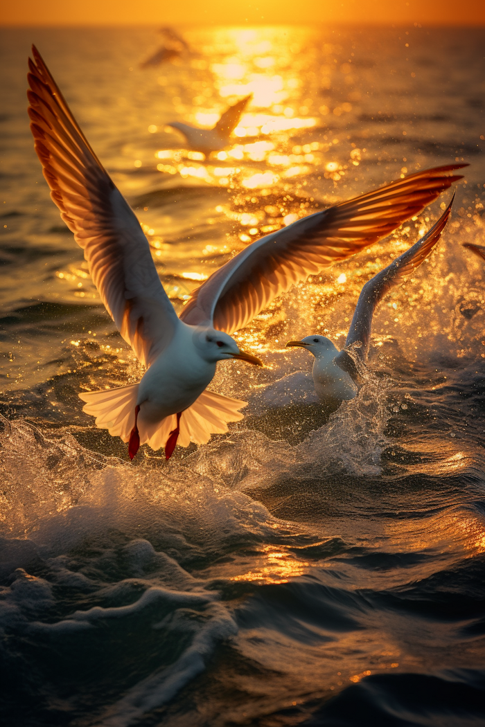 傍晚海边捕食的海鸥动物世界落日