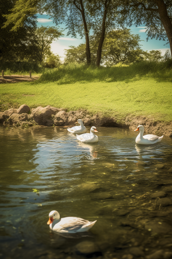 河里游泳的鸭子两栖动物动物世界