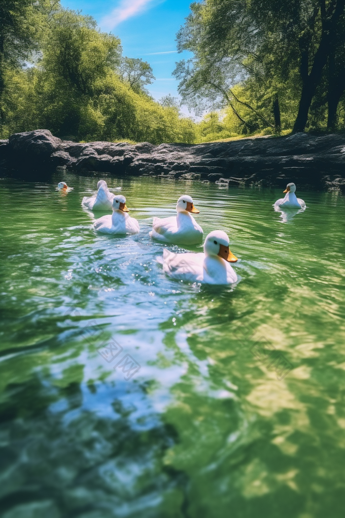 河里游泳的鸭子森林自然