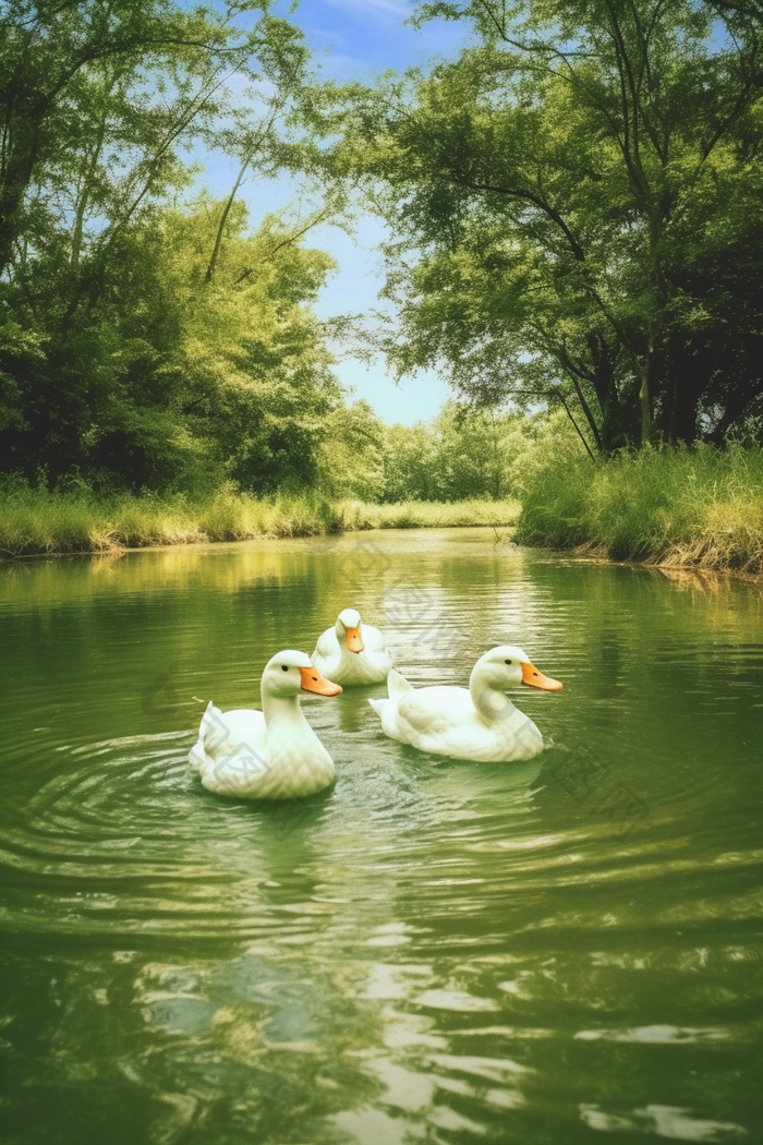 河里游泳的鸭子两栖动物自然