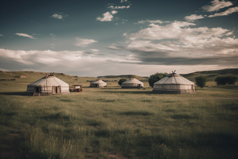 草原上的蒙古包草坪藏包