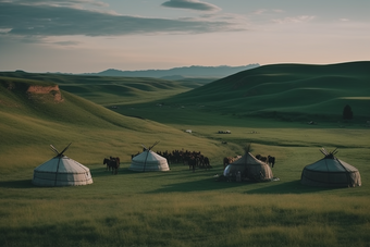 草原上的蒙古包草坪敖包