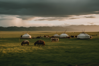 草原上的蒙古包草坪大自然