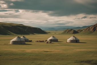 草原上的蒙古包房屋包