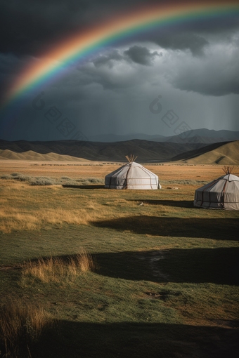 草原上的蒙古包竖图草坪包