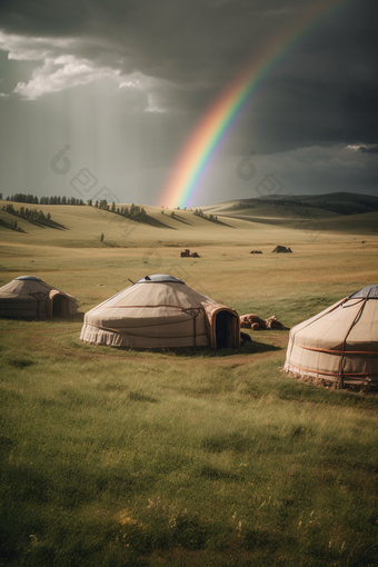 草原上的蒙古包竖图内草坪