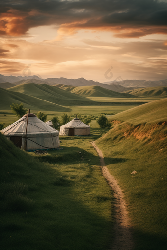 草原上的蒙古包竖图内自然