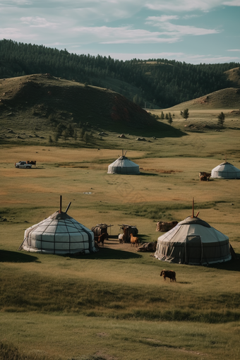 草原上的蒙古包竖图内敖包