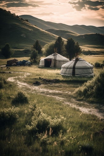 草原上的蒙古包竖图藏包敖包