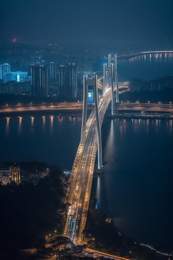 夜晚城市中的跨海大桥跨海车流