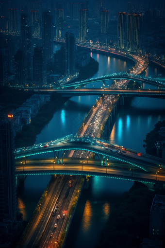 夜晚城市中的跨海大桥道路灯光