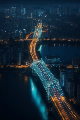 夜晚城市中的跨海大桥跨海交通