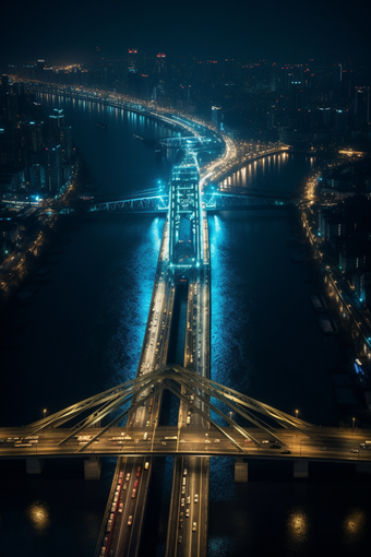 夜晚城市中的<strong>跨海大桥</strong>交通灯光