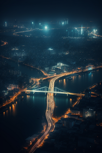 夜晚城市中的跨海大桥灯光高楼大厦