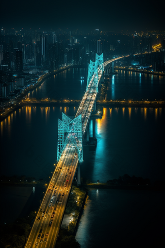 夜晚城市中的跨海大桥跨海灯火通明
