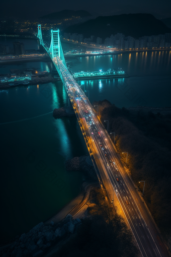 夜晚<strong>城市</strong>中的跨海大<strong>桥</strong>摄影图5