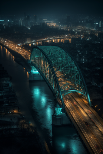 夜晚城市中的跨海大桥跨海高楼大厦