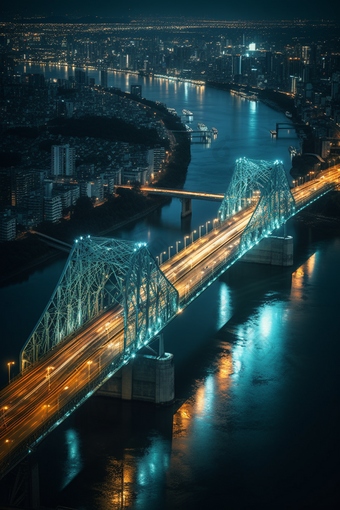夜晚城市中的跨海大桥道路灯火通明