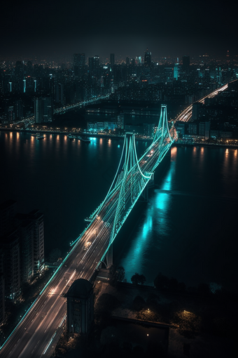 夜晚城市中的跨海大桥交通高楼大厦