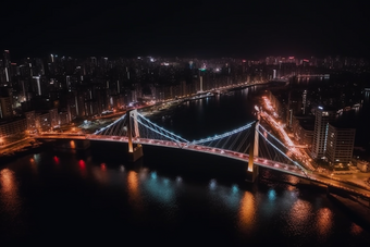 夜晚城市中的<strong>跨海大桥</strong>猩红风格车流灯火通明