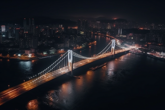 夜晚城市中的跨海大桥猩红风格车流高楼大厦