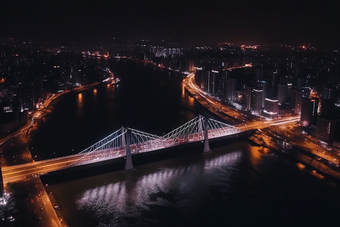 夜晚城市中的跨海大桥猩红风格道路车流