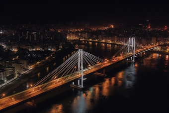 夜晚城市中的跨海大桥猩红风格<strong>灯光</strong>灯火通明