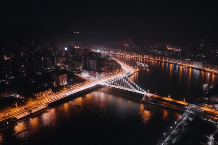 夜晚城市中的跨海大桥猩红风格道路交通