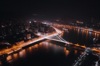 夜晚城市中的<strong>跨海大桥</strong>猩红风格道路交通