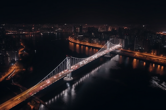 夜晚城市中的跨海大桥猩红风格车流灯光