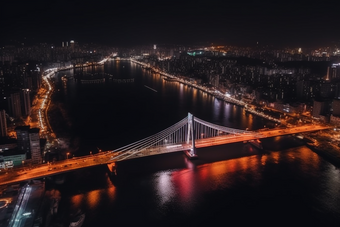 夜晚城市中的跨海大桥猩红风格跨海高楼大厦