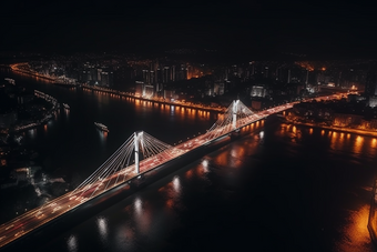 夜晚城市中的跨海大桥猩红风格道路灯火通明