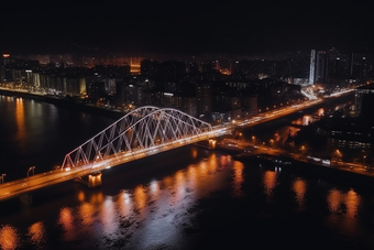 夜晚城市中的<strong>跨海大桥</strong>猩红风格交通车流