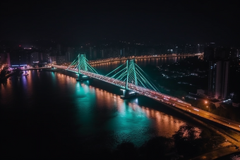 夜晚城市中的跨海大桥猩红风格灯光高楼大厦