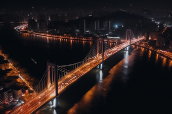 夜晚城市中的跨海大桥猩红风格交通灯火通明