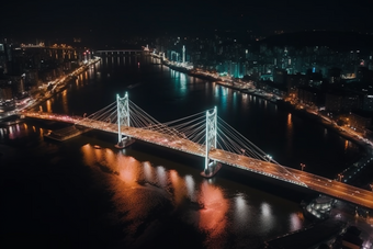 夜晚城市中的跨海大桥猩红风格灯火通明高楼大厦